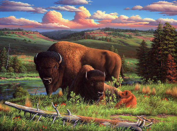 Two Buffalo With Calf In Field At Edge Of River Poster featuring the painting Buffalo Nation by R W Hedge