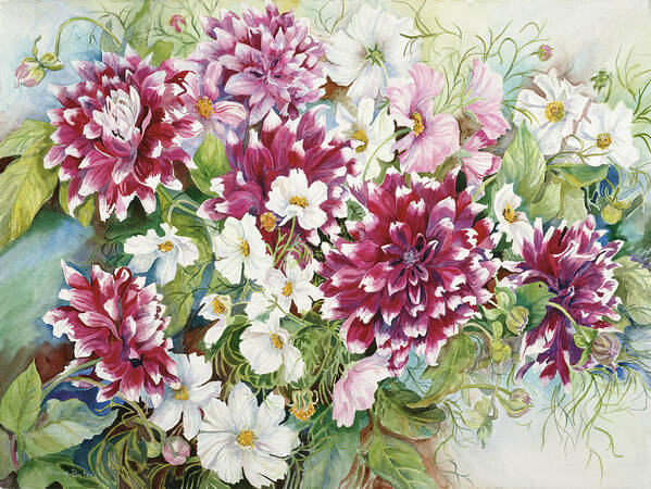 Burgundy Dahlias And Cosmos Poster featuring the painting Burgundy Dahlias & Cosmos by Joanne Porter