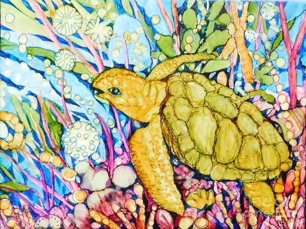 All The Colors Of The Rainbow Surround This Friendly Turtle Poster featuring the painting Cool by Joan Clear