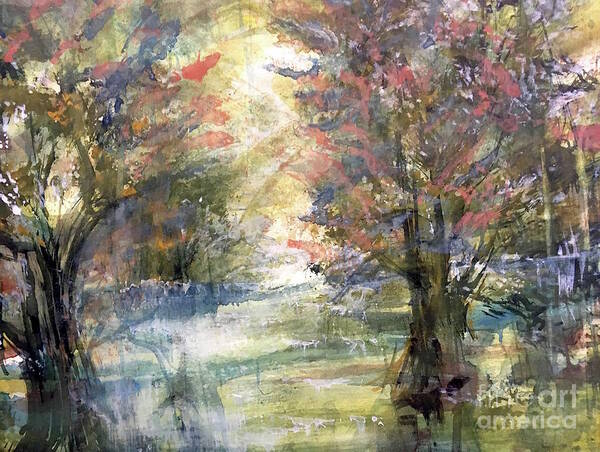 Impressionistic Floral Landscape Louisiana Watercolor Abstract Impressionism Water Bayou Lake Verret Blue Set Design Iris Abstract Painting Abstract Landscape Purple Trees Fishing Painting Bayou Scene Cypress Trees Swamp Bloom Elegant Flower Watercolor Coastal Bird Water Bird Interior Design Imaginative Landscape Oak Tree Louisiana Abstract Impressionism Set Design Fort Worth Texas Poster featuring the painting CoralSwamp by Francelle Theriot