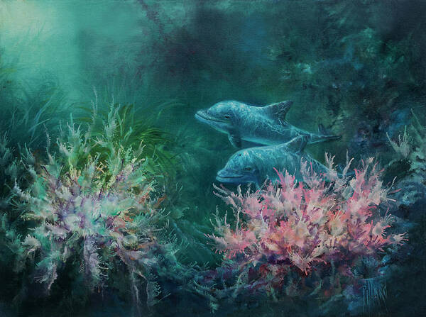 Dolphins Poster featuring the painting Deep Sea Dolphins by Lynne Pittard