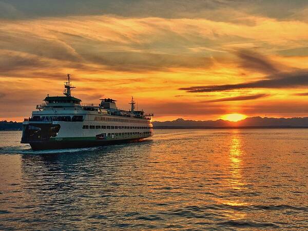 Ferry Poster featuring the photograph Ferry at Sunset by Jerry Abbott