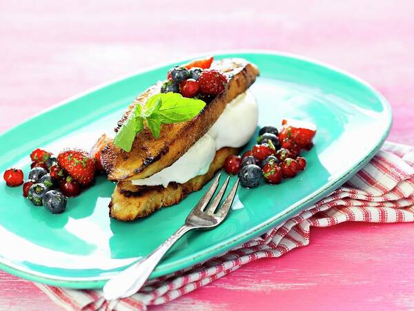 Ip_11433810 Poster featuring the photograph French Toast With Ice Cream And A Berry Salad by Martin Dyrlv