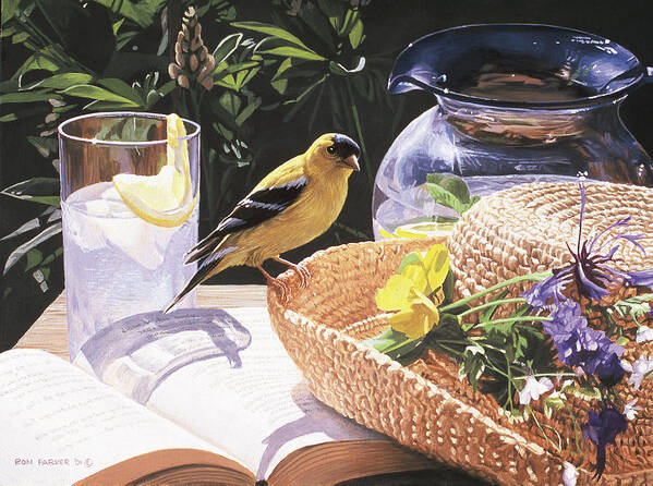 A Gold Finch Sits Perched On A Straw Hat Filled With Freschly Picked Flowers. The Hat Lays On Top Of An Open Faced Book Poster featuring the painting Goldfinch On Straw Hat by Ron Parker