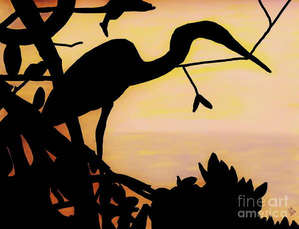 Sunset Poster featuring the drawing Heron Sunset by D Hackett
