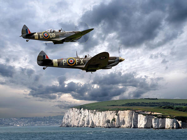 Aircraft Poster featuring the photograph Homeward Bound Spitfires Over The White Cliffs Of Dover by Gill Billington