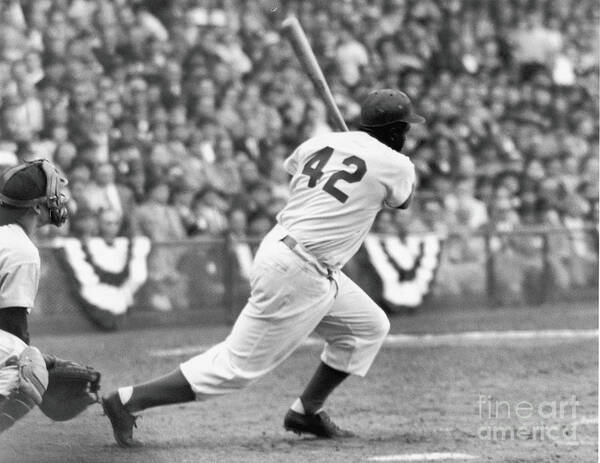Sports Helmet Poster featuring the photograph Jackie Robinson At Bat by Robert Riger