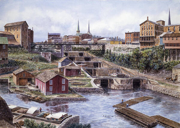 Lockport Canal Poster featuring the painting Lockport Ny, Lockport 5's, Ca. 1865 by Stanton Manolakas