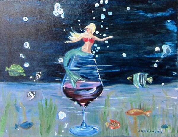 Cocktail Poster featuring the painting Mermaid wining under the sea by Linda Cabrera