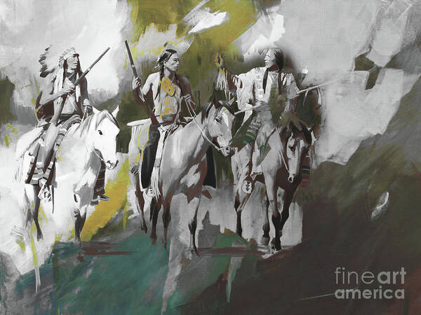 Native American Indian Poster featuring the painting Native American on Horses 012 by Gull G