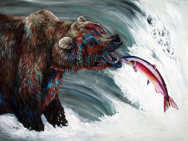 Grizzly Bear Poster featuring the painting Off The Hook by Averi Iris
