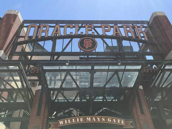 Oracle Park Sign Poster featuring the photograph Oracle Park Sign at the Willie Mays Gate by Cindy Bale Tanner