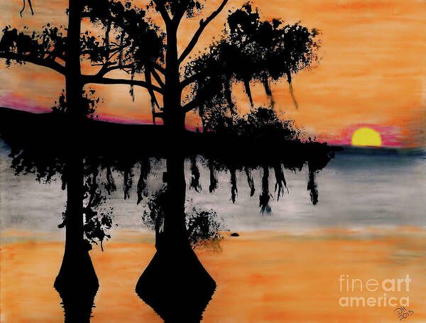 Sunset Poster featuring the drawing Orange Cypress Sunset by D Hackett