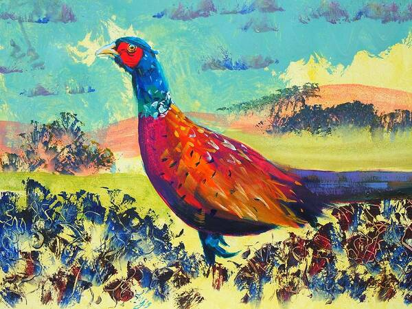 Pheasant Poster featuring the painting Pheasant walking in English countryside landscape painting by Mike Jory