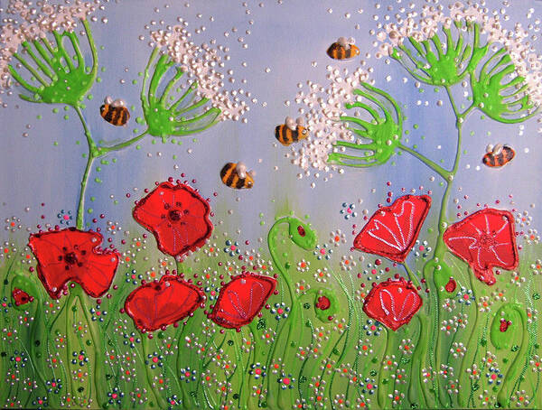 Poppies And Bees Poster featuring the painting Poppies And Bees by Angie Livingstone