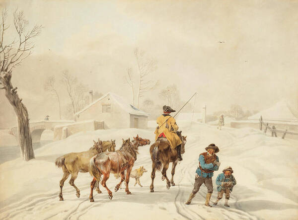 Watercolor Framing Line In Pen And Black Ink Poster featuring the painting Postilion on Horse in a Winter Landscape. by Wilhelm von Kobell