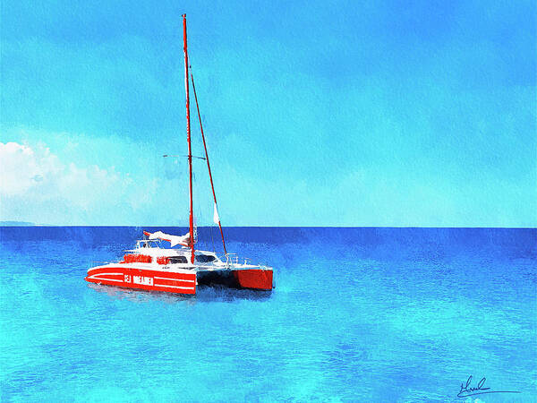 Catamaran Poster featuring the photograph Red Cat, Blue Sea by GW Mireles