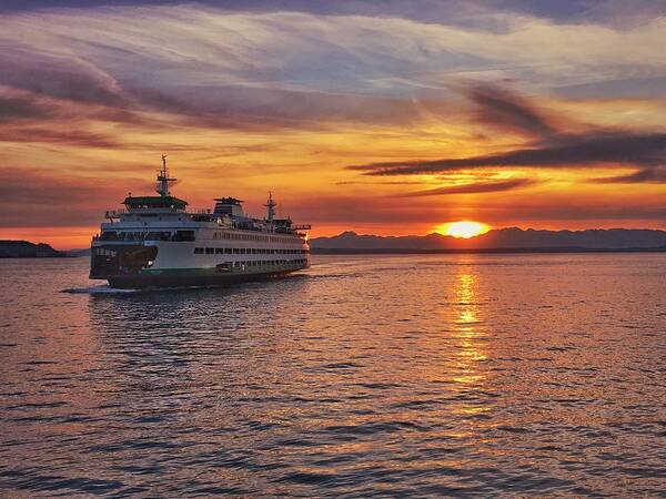Seattle Poster featuring the photograph Seattle Ferry at Sunset by Jerry Abbott