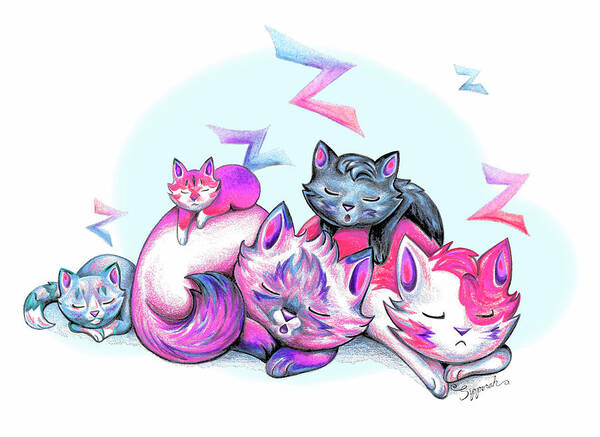 Cats Poster featuring the drawing Snoozing Cartoon Kitties II by Sipporah Art and Illustration