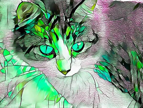 Glass Poster featuring the digital art Stained Glass Cat Stare Green Eyes by Don Northup