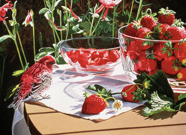 A Bowl Of Stemmed Strawberries And A Bowl Of Fresh Berries With Stems Still On On A Table Top With A Red Bird Next To Them Poster featuring the digital art Strawberries by Ron Parker