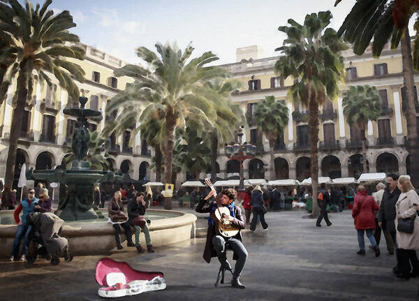 Street Music Poster featuring the digital art Street Music. Guitar. Barcelona, Plaza Real. by Alex Mir