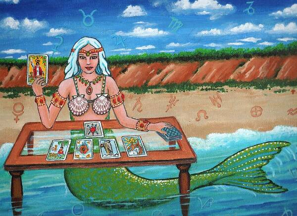 Mermaids Poster featuring the painting Tara Reads the Tarot on the Truro Beach. by James RODERICK