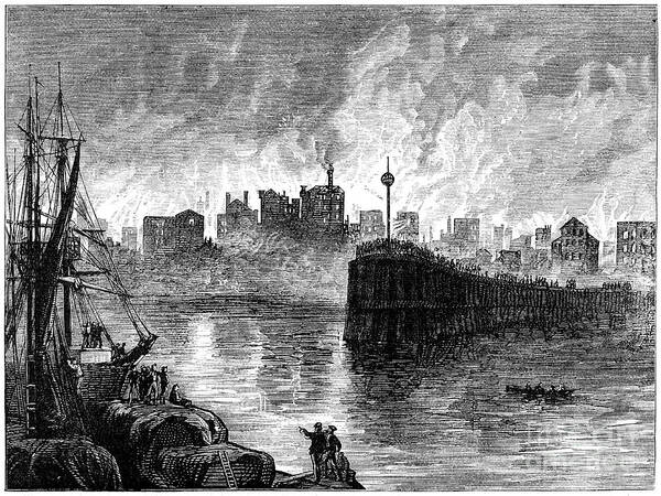 Lake Michigan Poster featuring the drawing The Burning Of Chicago, Illinois, Usa by Print Collector