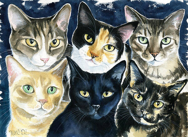 Pet Portrait Poster featuring the painting The Tuna Can Gang by Dora Hathazi Mendes