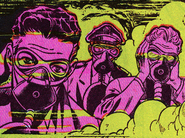 Adult Poster featuring the drawing Three People Wearing Gas Masks by CSA Images