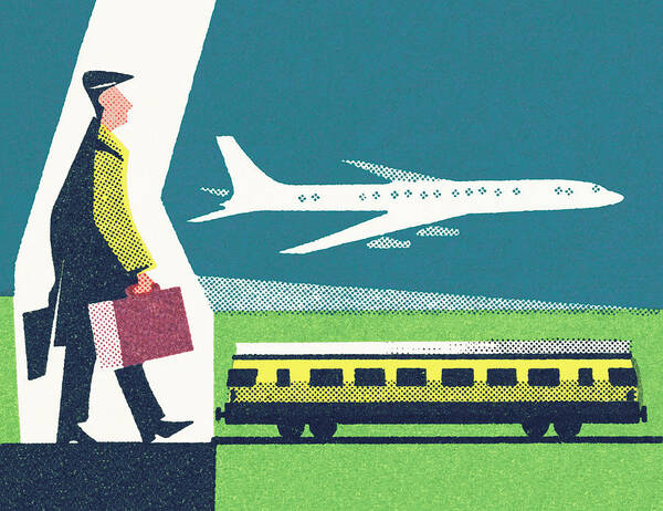 Air Travel Poster featuring the drawing Traveler, airplane, train by CSA Images