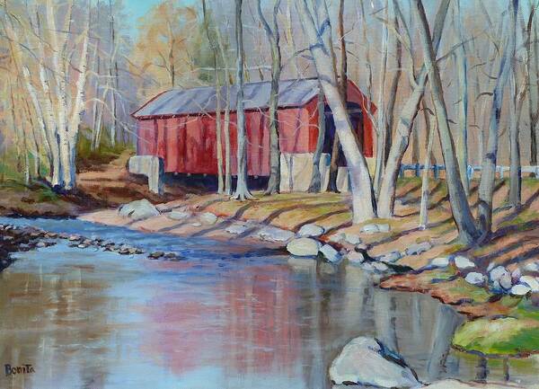 Red Covered Bridge Poster featuring the painting Valley Forge Covered Bridge by Bonita Waitl