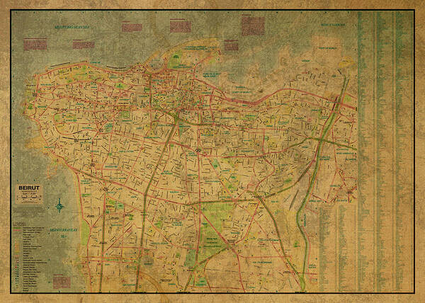 Vintage Poster featuring the mixed media Vintage Map of Beirut Lebanon by Design Turnpike