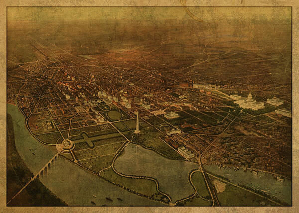Washington Dc Poster featuring the mixed media Washington DC District of Columbia Vintage City Street Map Birds Eye View 1916 by Design Turnpike