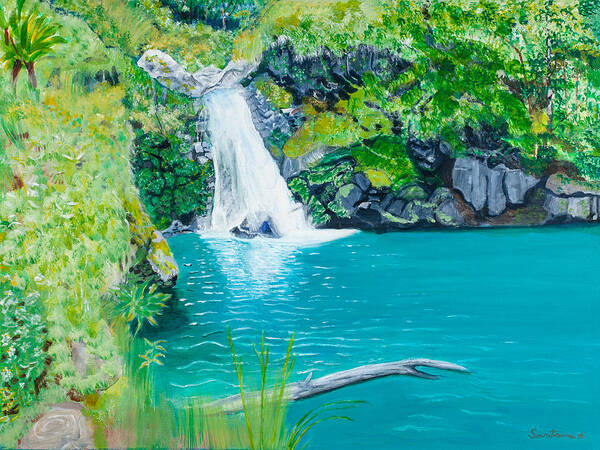Waterfall Pool Hawaii Nature Landscape Peaceful Poster featuring the painting Water Fall Pool 18x24 by Santana Star