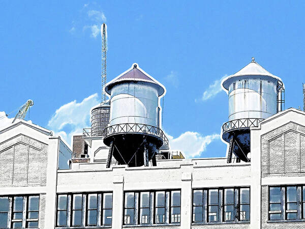 Water Poster featuring the painting Water tanks on the roof of a building in New York City by Jeelan Clark