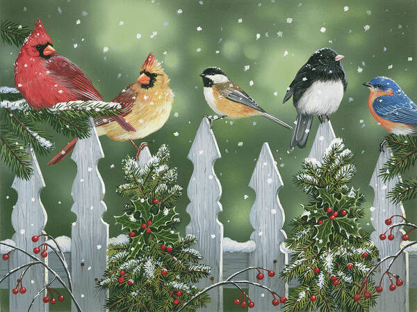 Birds Poster featuring the painting Winter Birds On A Snowy Fence by William Vanderdasson