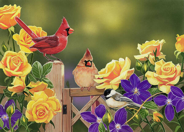 Cardinal Poster featuring the painting Yellow Roses And Songbirds by William Vanderdasson