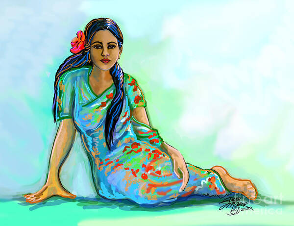 Indian Woman With Sari Poster featuring the digital art Indian Woman With Flower by Stacey Mayer