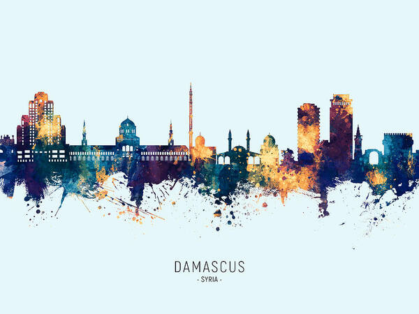 Damascus Poster featuring the digital art Damascus Syria Skyline #13 by Michael Tompsett