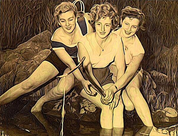 Modern Picture Painting Poster featuring the mixed media 1950s Threes Sisters Fishing For...1of2 by Joan Stratton