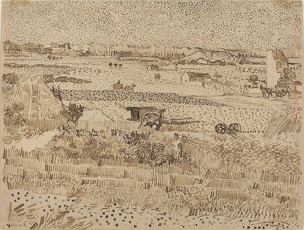 Vincent Van Gogh Poster featuring the drawing Harvest, The Plain of La Crau #3 by Vincent van Gogh