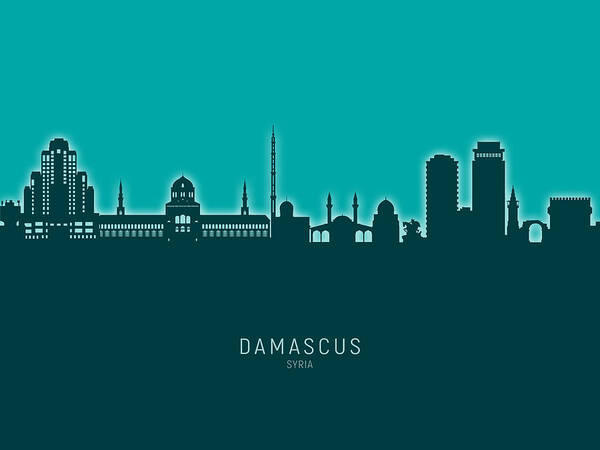 Damascus Poster featuring the digital art Damascus Syria Skyline #27 by Michael Tompsett