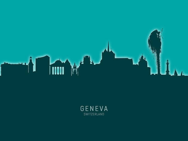 Geneva Poster featuring the digital art Geneva Switzerland Skyline #27 by Michael Tompsett