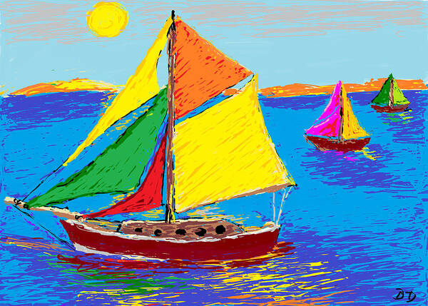 Sailboats Poster featuring the digital art 3 Sailboats by Diane Dahm