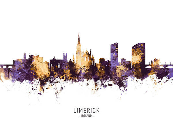 Limerick Poster featuring the digital art Limerick Ireland Skyline #9 by Michael Tompsett