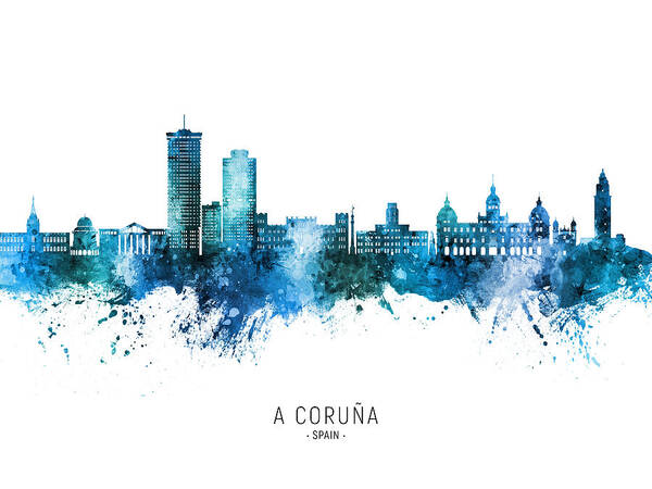 A Coruña Poster featuring the digital art A Coruna Spain Skyline #75 by Michael Tompsett