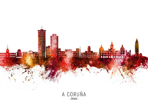 A Coruña Poster featuring the digital art A Coruna Spain Skyline #76 by Michael Tompsett