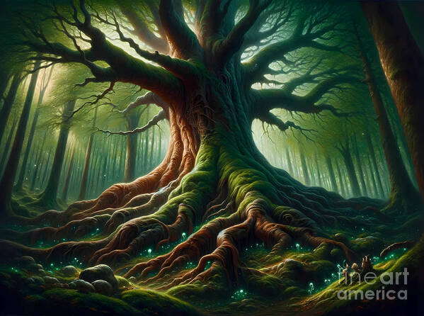 Ancient Poster featuring the painting A giant ancient tree with roots sprawling across an enchanted forest by Jeff Creation