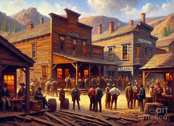 Gold Rush Poster featuring the painting A gold rush town in the Sierra Nevada, with miners and saloons. by Jeff Creation